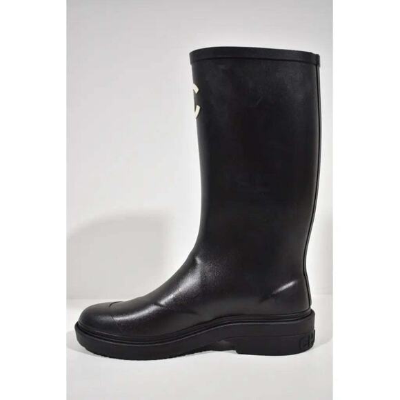 Chanel 22A Black White Caoutchouc CC Logo High Pull On Rubber Rain Boots 42 - Picture 9 of 12